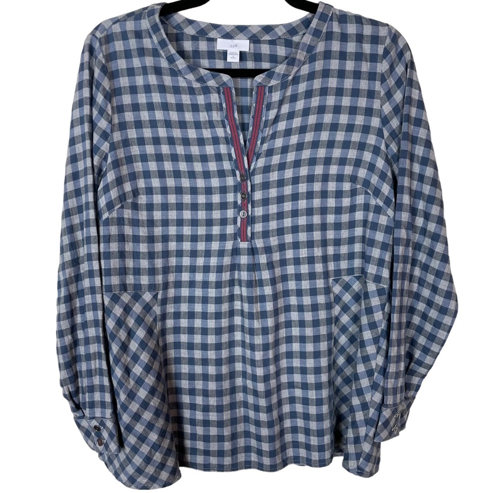 JJill Plaid Oversized Blouse Top Blue Gray Flowing Size Petite Small Long Sleeve